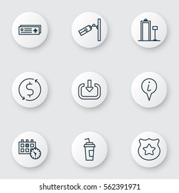 Set Of 9 Airport Icons. Includes Security Scanner, Drink Cup, Money Trasnfer And Other Symbols. Beautiful Design Elements.