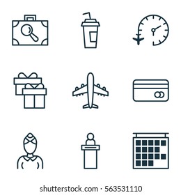 Set Of 9 Airport Icons. Includes Present, Hostess, Registration Service And Other Symbols. Beautiful Design Elements.