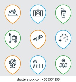 Set Of 9 Airport Icons. Includes Credit Card, Luggage Scanner, Drink Cup And Other Symbols. Beautiful Design Elements.