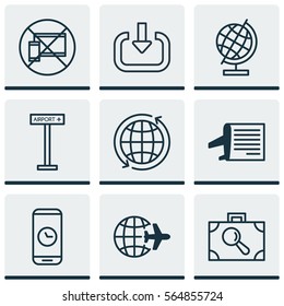 Set Of 9 Airport Icons. Includes World, Forbidden Mobile, Call Duration And Other Symbols. Beautiful Design Elements.