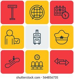 Set Of 9 Airport Icons. Includes Seats, Luggage, Appointment And Other Symbols. Beautiful Design Elements.
