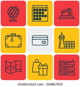 Set Of 9 Airport Icons. Includes Departure Information, Shopping, Credit Card And Other Symbols. Beautiful Design Elements.