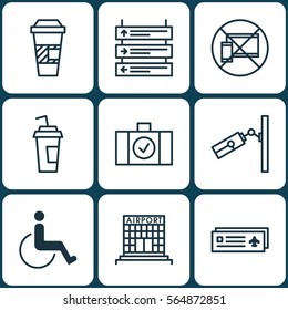 Set Of 9 Airport Icons. Includes Airfield Manufacture, Accessibility, Drink Cup And Other Symbols. Beautiful Design Elements.