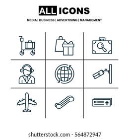 Set Of 9 Airport Icons. Includes Baggage Research, Shopping, Stair Lift And Other Symbols. Beautiful Design Elements.