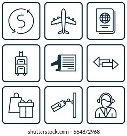 Set Of 9 Airport Icons. Includes Luggage, Operator, Timetable And Other Symbols. Beautiful Design Elements.