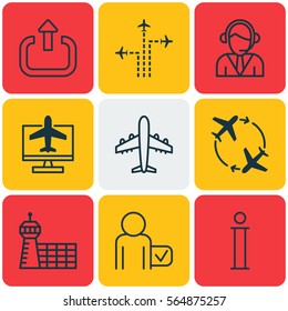 Set Of 9 Airport Icons. Includes Information, Airport Building, Internet Ticket And Other Symbols. Beautiful Design Elements.