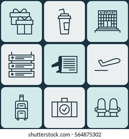 Set Of 9 Airport Icons. Includes Drink Cup, Plane Schedule, Present And Other Symbols. Beautiful Design Elements.