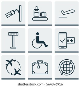 Set Of 9 Airport Icons. Includes Video Surveillance, Airplane Information, Briefcase Scanner And Other Symbols. Beautiful Design Elements.