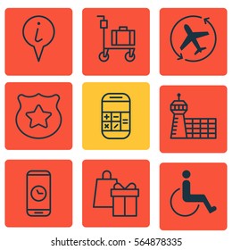 Set Of 9 Airport Icons. Includes Call Duration, Accessibility, Cop Symbol And Other Symbols. Beautiful Design Elements.