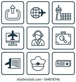 Set Of 9 Airport Icons. Includes Exit, Pilot Hat, Operator And Other Symbols. Beautiful Design Elements.
