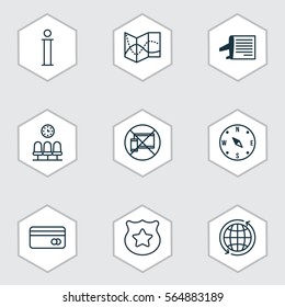 Set Of 9 Airport Icons. Includes World, Information, Cop Symbol And Other Symbols. Beautiful Design Elements.
