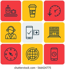 Set Of 9 Airport Icons. Includes Locate, Phone Reservation, Takeaway Coffee And Other Symbols. Beautiful Design Elements.