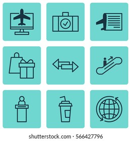 Set Of 9 Airport Icons. Includes Timetable, Luggage Scanner, Registration Service And Other Symbols. Beautiful Design Elements.