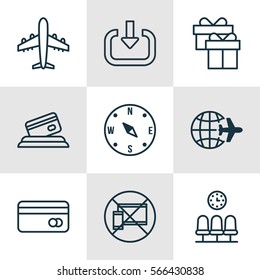 Set Of 9 Airport Icons. Includes Present, Worldwide Flight, Airliner And Other Symbols. Beautiful Design Elements.