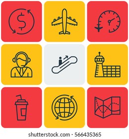 Set Of 9 Airport Icons. Includes Money Transfer, World, Moving Staircase And Other Airport Icon Symbols. Beautiful Clock Vector Design Elements.