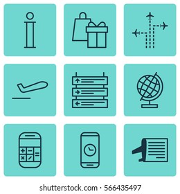 Set Of 9 Airport Icons. Includes Call Duration, World Sphere, Information And Other Symbols. Beautiful Design Elements.