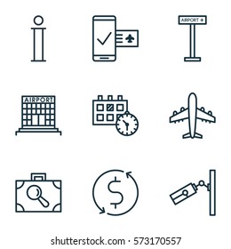 Set Of 9 Airport Icons. Includes Airfield Manufacture, Airliner, Video Surveillance And Other Symbols. Beautiful Design Elements.