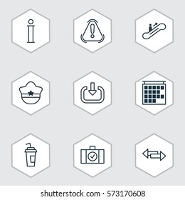 Set Of 9 Airport Icons. Includes Information, Drink Cup, Pilot Hat And Other Symbols. Beautiful Design Elements.