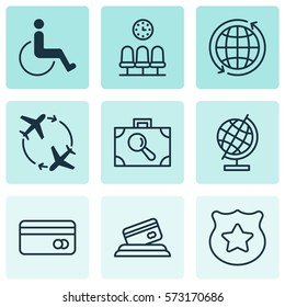 Set Of 9 Airport Icons. Includes Credit Card, Cop Symbol, World And Other Symbols. Beautiful Design Elements.