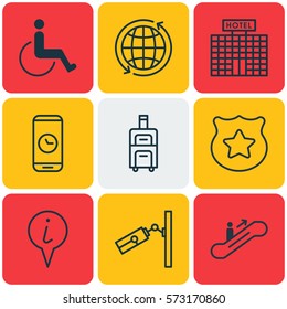 Set Of 9 Airport Icons. Includes Call Duration, Resort Development, World And Other Symbols. Beautiful Design Elements.