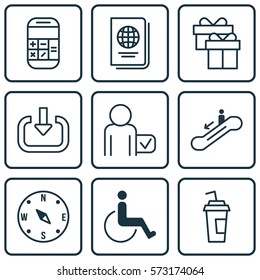 Set Of 9 Airport Icons. Includes Globetrotter, Identification Document, Calculation And Other Symbols. Beautiful Design Elements.