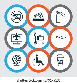 Set Of 9 Airport Icons. Includes Takeaway Coffee, Fire Extinguisher, Credit Card And Other Symbols. Beautiful Design Elements.