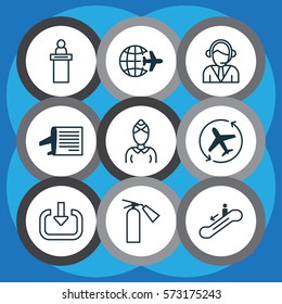 Set Of 9 Airport Icons. Includes Enter, Registration Service, Fire Extinguisher And Other Symbols. Beautiful Design Elements.