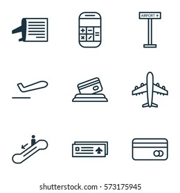 Set Of 9 Airport Icons. Includes Timetable, Escalator Down, Airplane Information And Other Symbols. Beautiful Design Elements.