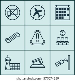 Set Of 9 Airport Icons. Includes Siren, Seats, Departure Information And Other Symbols. Beautiful Design Elements.