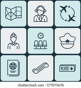 Set Of 9 Airport Icons. Includes Stair Lift, Road Map, Identification Document And Other Symbols. Beautiful Design Elements.
