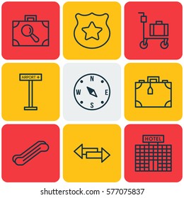 Set Of 9 Airport Icons. Includes Resort Development, Crossroad, Baggage Research And Other Symbols. Beautiful Design Elements.