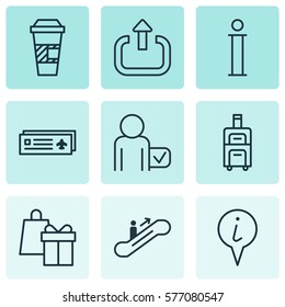Set Of 9 Airport Icons. Includes Luggage, Shopping, Takeaway Coffee And Other Symbols. Beautiful Design Elements.