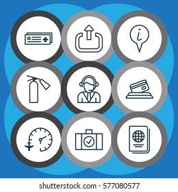 Set Of 9 Airport Icons. Includes Credit Card, Identification Document, Operator And Other Symbols. Beautiful Design Elements.