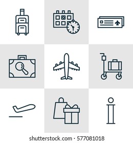 Set Of 9 Airport Icons. Includes Appointment, Luggage, Suitcase Pushcart And Other Symbols. Beautiful Design Elements.