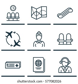 Set Of 9 Airport Icons. Includes Hostess, Fly Around, Seats And Other Symbols. Beautiful Design Elements.