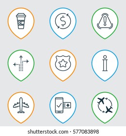Set Of 9 Airport Icons. Includes Phone Reservation, Airliner, Siren And Other Symbols. Beautiful Design Elements.