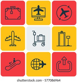 Set Of 9 Airport Icons. Includes Internet Ticket, Airliner, Security Scanner And Other Symbols. Beautiful Design Elements.