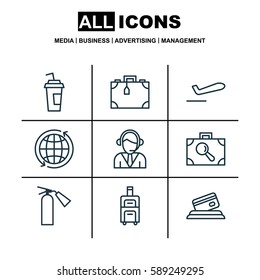 Set Of 9 Airport Icons. Includes Suitcase, Airliner Takeoff, Credit Card And Other Symbols. Beautiful Design Elements.