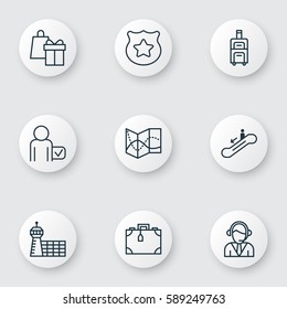 Set Of 9 Airport Icons. Includes Operator, Globetrotter, Luggage And Other Symbols. Beautiful Design Elements.