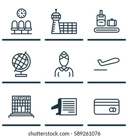 Set Of 9 Airport Icons. Includes Seats, Hostess, Airfield Manufacture And Other Symbols. Beautiful Design Elements.