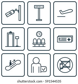 Set Of 9 Airport Icons. Includes Video Surveillance, Security Scanner, Airliner Takeoff And Other Symbols. Beautiful Design Elements.