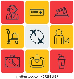 Set Of 9 Airport Icons. Includes Operator, Globetrotter, Drink Cup And Other Symbols. Beautiful Design Elements.