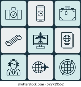 Set Of 9 Airport Icons. Includes Suitcase, World, Stair Lift And Other Symbols. Beautiful Design Elements.