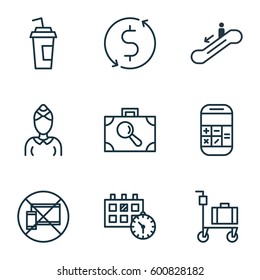 Set Of 9 Airport Icons. Includes Hostess, Drink Cup, Baggage Research And Other Symbols. Beautiful Design Elements.