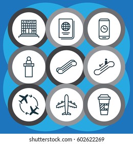 Set Of 9 Airport Icons. Includes Registration Service, Identification Document, Fly Around And Other Symbols. Beautiful Design Elements.