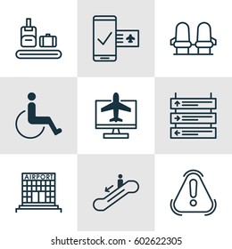 Set Of 9 Airport Icons. Includes Internet Ticket, Airfield Manufacture, Armchair And Other Symbols. Beautiful Design Elements.