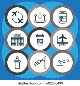 Set Of 9 Airport Icons. Includes Video Surveillance, Registration Service, Airliner Takeoff And Other Symbols. Beautiful Design Elements.
