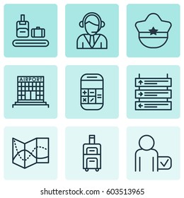 Set Of 9 Airport Icons. Includes Airfield Manufacture, Pilot Hat, Road Map And Other Symbols. Beautiful Design Elements.