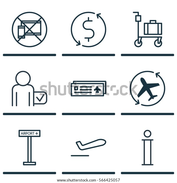 Set Of 9 Airport Icons. Includes Information,\
Forbidden Mobile, Money Trasnfer And Other Symbols. Beautiful\
Design Elements.