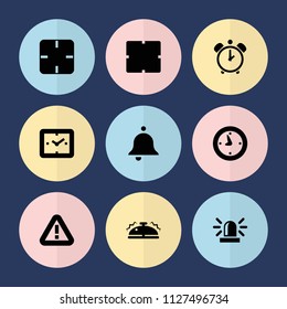 Set of 9 alarm filled icons such as clock, siren, bell, alarm, bell